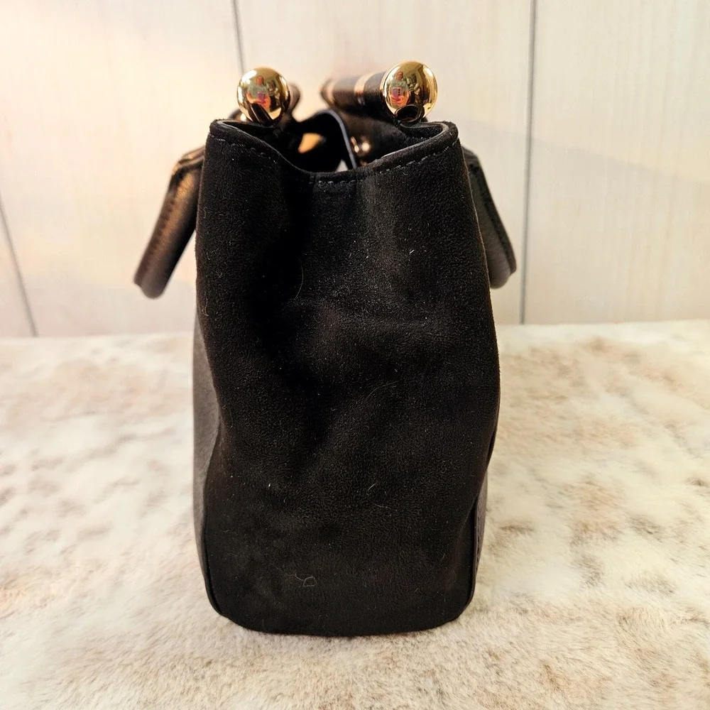 Lauren Conrad Black Faux Pebble‎ Leather & Suede Handbag Satchel Purse Rose Gold